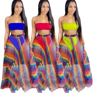 3 sztuki Kolor Print Plised Spódnica i Striplcrop Top Two Piece Set Beach Party Clubwear Letnie Stroje Dopasowane Zestaw X0709