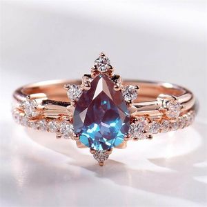 Försäljning Solid 925 Sterling Silver CZ Dainty Smycken Alexandrite Ring Set Bröllop Förlovningsringar För Gift 211217