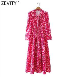 Zevity Frauen Elegante V-ausschnitt Fliege Leopard Print Beiläufige Dünne Midi Kleid Weibliche Chic Falten Puff Sleeve Rüschen Vestidos DS8875 Y1204