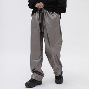 Mäns byxor Män Lossa Casual Straight Leather Pant Male High StreetWear Hip Hop Wide Leg Harem Trousers Jogger Sweatpants Full Length1