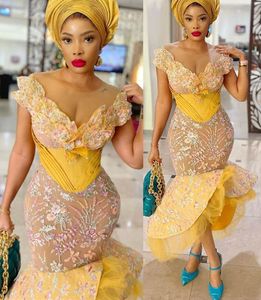 2022 Plus Size Arabisch Aso Ebi Gelbe Meerjungfrau Sexy Ballkleider Sheer Neck Perlen Abend Formale Party Zweiter Empfang Geburtstagskleider Kleid ZJ577