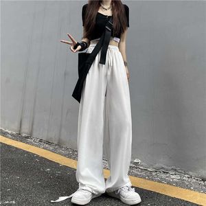 Verktygsstil Harajuku Casual Bandage Byxor Hög midja Elasticitet Sweatpants Pocket Tunna Byxor Oavsett LOSE WIDE LEG PANTS Q0801