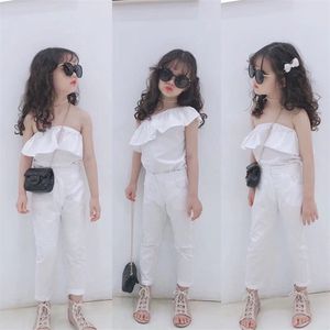 女の子のスーツワンショルダートレンディブラウスプラス9ポイントパンツ春と夏のファッション子供服210625