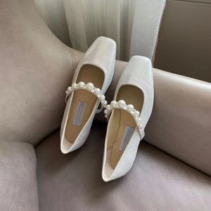 Scarpe firmate di lusso Mary Jane Ballerina a punta quadrata con perle bianche e piccole perle di cristallo Semplice moda taglia 34-41