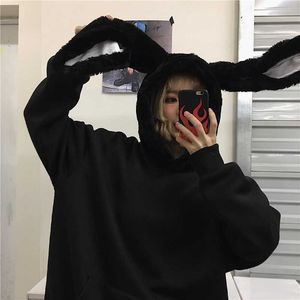 Women's hooded sweatshirt Korea winter ins Harajuku fun rabbit ears plus velvet loose long sleeves cute casual women 210608