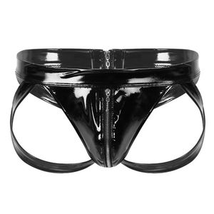 Underbyxor herrar jockstrap öppna bupanties låg stigning bulge påse underkläder våtlook patent läder baksida ut klippt dragkedja trosor