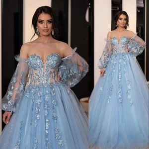 Light Blue Evening Dresses Off Shoulder Long Sleeves Illusion Lace Appliqued 3D Floral Tulle Poet Prom Dress Robe De Marie Party Custom Gowns