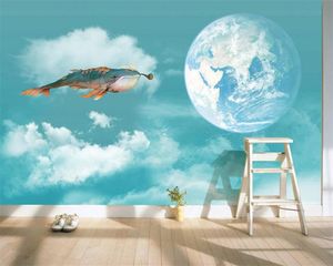 Sfondi Murales personalizzati Dream Whale Flying Earth Decorazione TV Sfondo Muro Soggiorno Camera da letto Bambini Carta da parati 3d Impermeabile