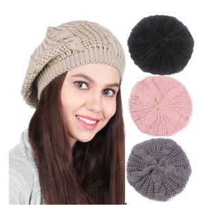 Moda Mulheres Cable Cable Beret Cap Berets Casual Trançado Inverno Quente Lã Beanie Chapéu Sólido Cor Slouch Baggy Hat