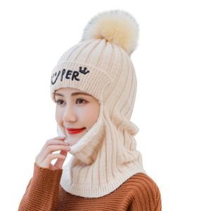 高品質の女の子のスキーキャップの女性Pom Poms冬の刺繍入りビーニー帽子ニットアクリルのフルフェイスカバーバラクラバマスクトップビーニーハット