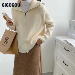 Gigogou Zipper Cardigan na sweter damski Y2K jesień zima dzianiny górnej bluzki przycisk kołnierz ciepłe zagęścić damskie płaszcz kurtka 210922