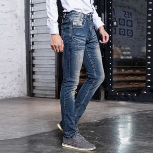 Estilo italiano moda homens jeans retro azul magro fita multidão denim calças de alta qualidade designer vintage rasgado calças de algodão