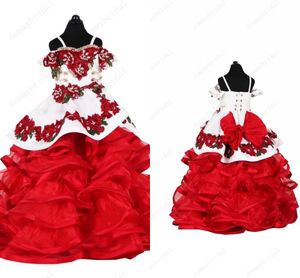 Puffy Meksikalı Küçük Kızlar Pageant Quinceanera Elbiseler Gençler Çiçek Aplike İnciler Boncuklu Mulit-Katmanlar Balo Gown Party Mezuniyet209Z
