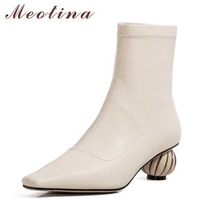 Meotina 정품 가죽 중반 힐 발목 부츠 여성 신발 뾰족한 발가락 이상한 스타일의 발 뒤꿈치 슬립 짧은 부츠 레이디 가을 베이지 210608