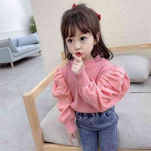 Meninas Buff Manga Knitwear Estilo Outono Moda Crianças Japonês e Coreano Doce Long Tops 2-7 Anos Velho Crianças Roupas 210625