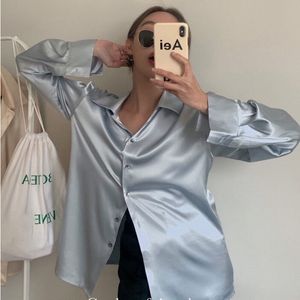 2021 여성 블라우스 캐주얼 OL 실크 블라우스 여름 느슨한 프리미엄 새틴 셔츠 작업 착용 Blusas Feminina 탑스 셔츠 플러스 사이즈 탑 210315
