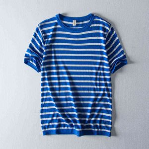 8035 Uomo Summer Fashion Corea stile girocollo manica corta banda blu navy T-shirt uomo casual semplice base cotone lino Tee G1229