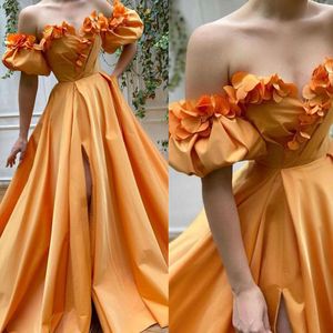 Novo sexy vestidos de baile laranja mão fez flores sem mangas cetim plus size split vestido vestido de noite vestido