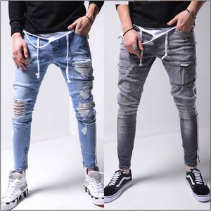 QNPQYX новые осенние мужские джинсовые брюки с дырками, облегающие рваные джинсы в полоску с боковыми полосками, уличные брюки в стиле хип-хоп, мужские джинсы с разрезом