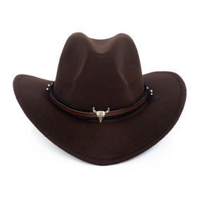 Wide Brim Western Cowboy Hat Uomo Donna Lana Feltro Fedora Cappelli in pelle Bull Bull Bull Band Banda Panama Cappellino