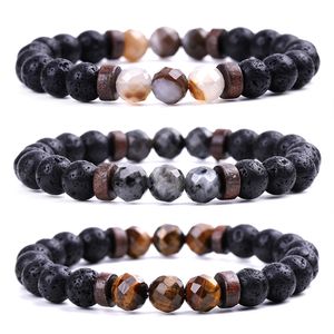 Männer Armband Facettierte Naturstein Holzperlen 8mm Tigerauge Spektrolith Buddha Lava Perlen Stretch Armbänder Frauen Schmuck Geschenk