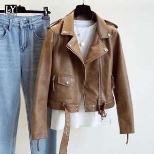 LY VAREY LIN Spring Women Biker Moto Jacket Slim Streetwear Khaki Leather Coat with Belt Outerwear Faux 210526