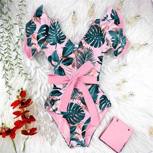 Sexy Ruffle Imprimir Floral Straps Slimming Swimwear Mulheres Swimsuit Deep-V Banheira Terno Praia Wear Monkini 210702