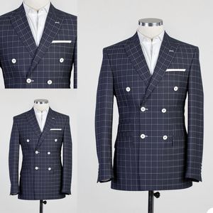 Dubbelbröst Plaid Tuxedos Högkvalitativ Check Groom Wedding Blazer Passar Formell Business Prom Byxor Coat Jacket 2 stycken