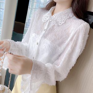 Fashion Lace Shirt Blusas Mulheres Verão Novo Apricot White Puff Manga Coreana Moda Roupas Camisas Mujer Blusa 234C 210225