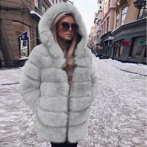 冬の濃い暖かいフェイクファーコート女性プラスサイズのフード付き長袖ジャケットボンジャスファーリーレディースコートジャケットストップ