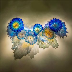 Eleganz blaue Lampe Mittelmeer Murano Glasplatten dekorative Galerie Wandkunst mehrfarbig Luxus Blumendekor Wandleuchte Durchmesser 30 bis 35 cm
