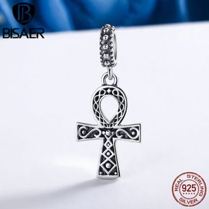 Bisaer Authentic 925 Sterling Silver Faith Ankh Cross Dangle Koraliki Fit Original Pan Charm Bransoletka DIY Fine Q0531