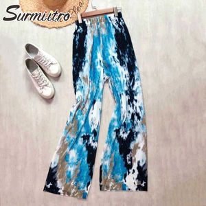Surmiitro Летние чернила живопись галстук-краска широкая нога длинные плиссированные брюки женщины корейский синий пол длиной высокие талии брюки женские 210712
