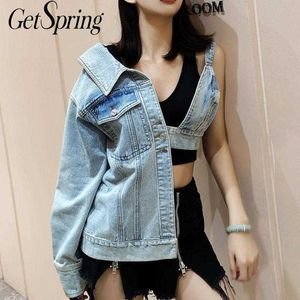 GetSpring女性のコートアシンメトリーオフショルダーデニムレディースジャケットコート不規則なすべてのマッチカジュアル210601