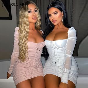 Julissa Mo White Mesh Ruched Summer Dress Women Strapless Bodycon Sexy Party Dress Fashion Ruched Bandage Dresses Vestidos Short X0521