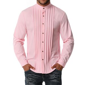 Fashion Pink Tuxedo Shirt Men Fashion Banded Collar Mens Dress Shirts Wedding Party Prom Dinner Formal Elegant Top