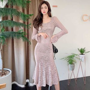 Słodka Soft Girl Bodycon Mermaid Dress Fall Winter Flare Rękaw Koronki Dresses Casual Street Vestidos Midi Feminino 210529