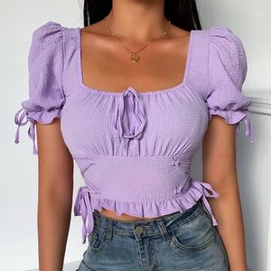 Summer Bow Lace Up Low Cut Ruched Slim Crop Top Women Casual Blusas Mujer 2021 Puff Short Sleeve Backless Ladies Blouse Shirts Women's Blous
