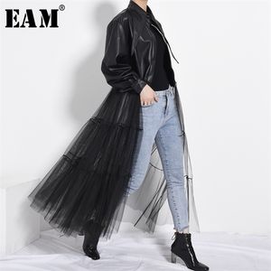 [Eam] solto apto preta malha grande tamanho longo pu jaqueta de couro lapela manga mulheres casaco moda primavera outono outono pb27901 211014