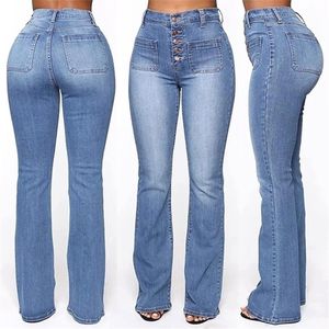 Новая вымытая высокая талия кнопка загрузки джинсы женщин повседневная длинные брюки брюки DO99 201109
