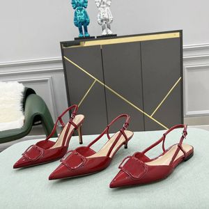 Solid pointed dress shoes buckle real leather flat 4cm 8cm heels sexy hollow ankle strap designer wedding pumps with box