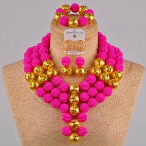 Kolczyki Naszyjnik Fuksja Różowy Symulowane Pearl Afryki Koraliki Biżuteria Zestaw Nigeryjczyk Ślub dla kobiet FZZ24