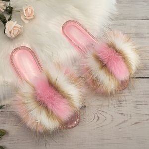 Kabarık Terlik Kadınlar Gerçek Kürk Slaytlar Ev Yaz Kristal Rhinestones Ayakkabı Flip Flop Için Flip Flop Ile Jöle Sandalet 0227