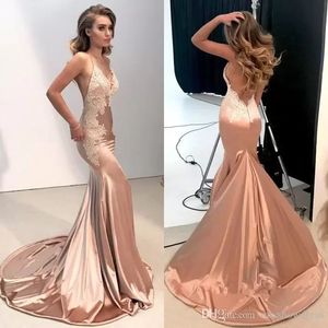 Elegante sexy Spaghetti-Trägern Satin Meerjungfrau Ballkleider Spitze Applikationen rückenfrei Vestidos de Festa Party Abendkleider CG001