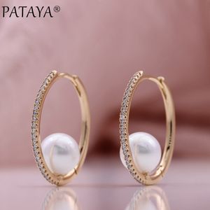 Pataya Inlay Shell Pearl Hiperbole Drop Kolczyki 585 Rose Gold Women Wedding Moda Biżuteria Fine Natural Cyrkon Big Earring