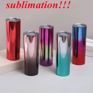 Sublimationsgradient 20oz Skinny Tumbler Taper Electroplate Skinny Tumbler UV Slim Tumblers med halmlock Värmeöverföring Mugg Vattenflaska reser rånar