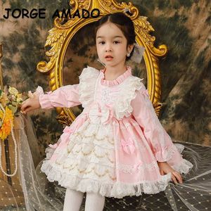 Spring Kids Girl Dress Lace Bow Pink Patchwork Long Sleeves Princess Dresses Wedding Piano Perform Party Clothes E8057 210610