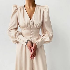 Satin Prom Women's Long Dress for Party Lantern Sleeve A-Line High Waist Slim Elegant Klänningar Kläder År Ball Kväll 210719
