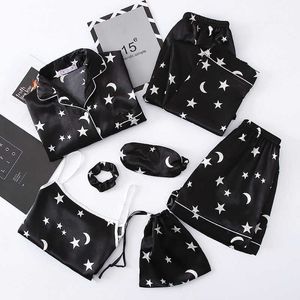 Czarny Drukuj Star Nightwear Intymna Bielizna Wiosna 7 sztuk Piżama Garnitur Kobiet Satynowa Odzież Home Casual Sen Set Piżamy Q0706