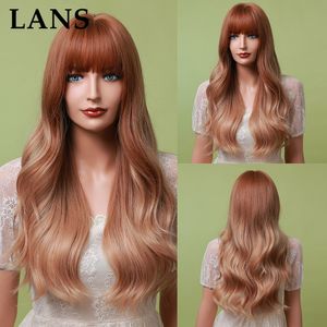 Women's Long Wavy Synthetic Wig Brown with Blonde Wigs Natural Wave Heat Resistant Fiber Wig